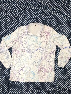 Women's Beautiful Long-Sleeve Button Up Top with Pastel Little Mermaid Print